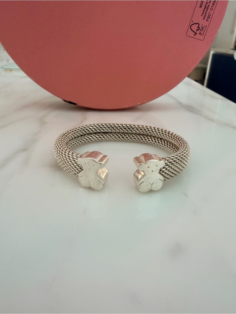 Tous Silver-Tone Mesh Open Cuff Bracelet with Bear End Caps